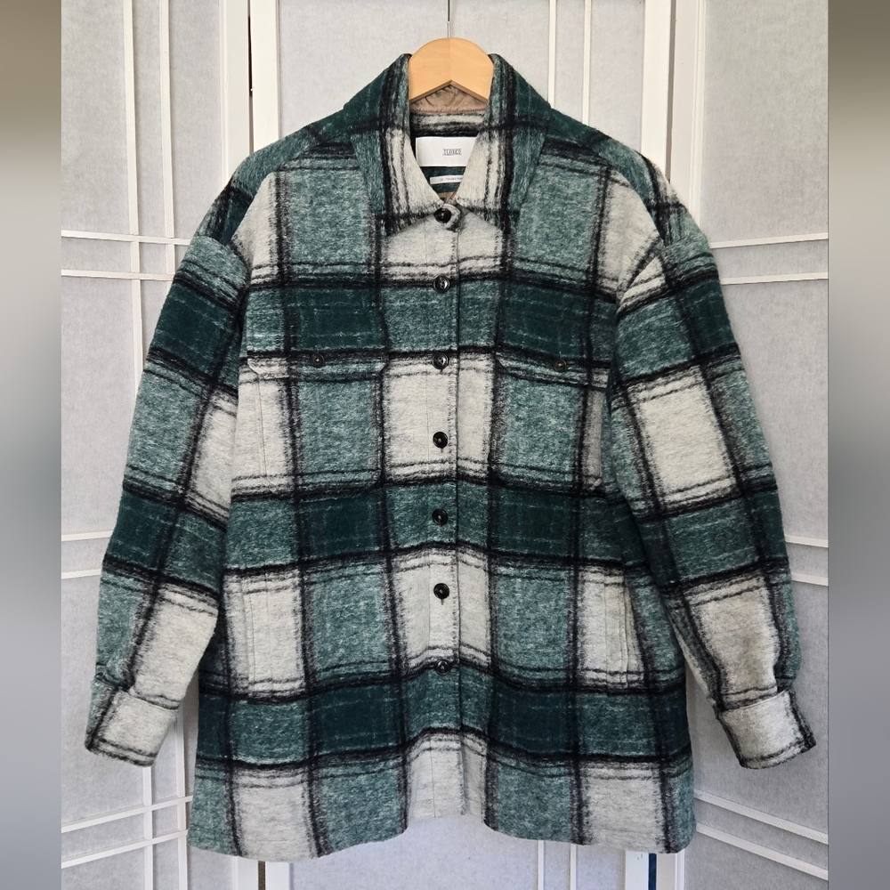 NWOT! Closed Teal and Gray Checkered Utility Jacket Wool Blend
